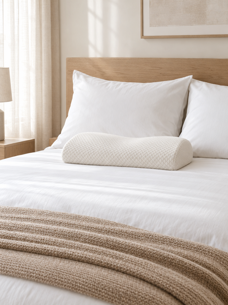 Nackenstützkissen auf einem hellen Bett mit weißer Bettwäsche