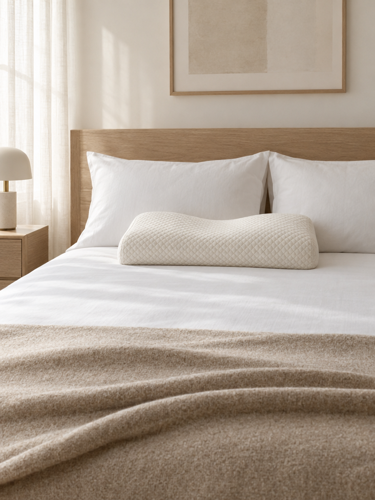Orthopädisches Nackenkissen auf einem ruhig gemachten Bett