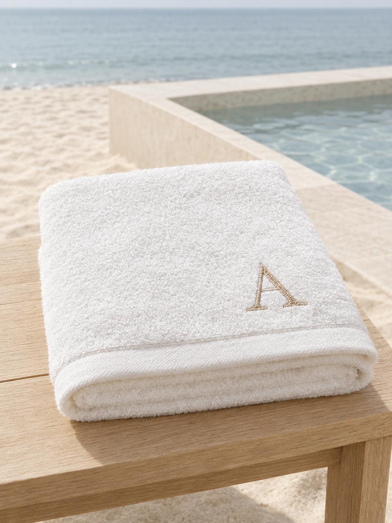 Gefaltetes Strandtuch mit gesticktem Monogramm auf heller Holzbank