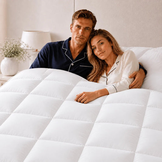 Paar im Bett unter der Premium Daunendecke 90 % Daunen
