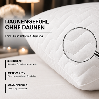PrimaLoft® Kopfkissen mit Mako-Batist-Bezug – Detailansicht mit Lupe