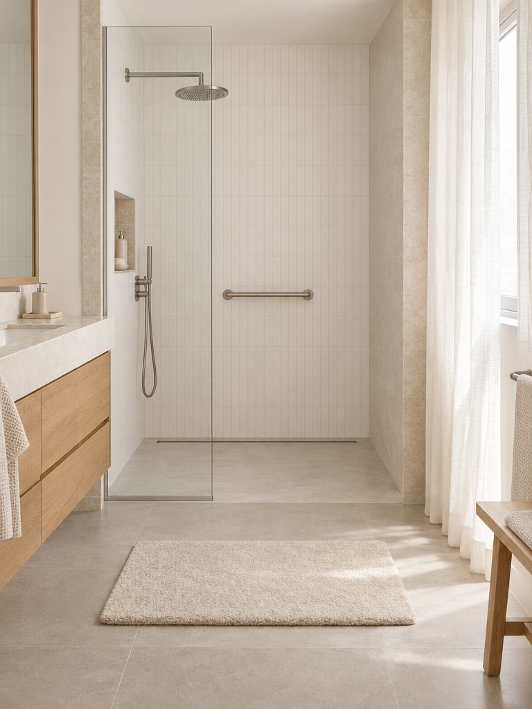 Rutschfeste Badematte vor einer bodengleichen Dusche mit Haltegriff