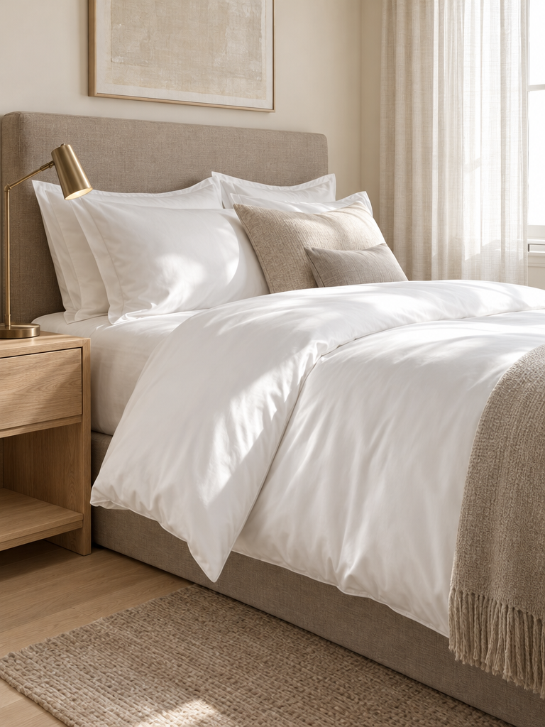 Satin Bettwäsche weiß mit sanftem Glanz auf einem gemachten Bett