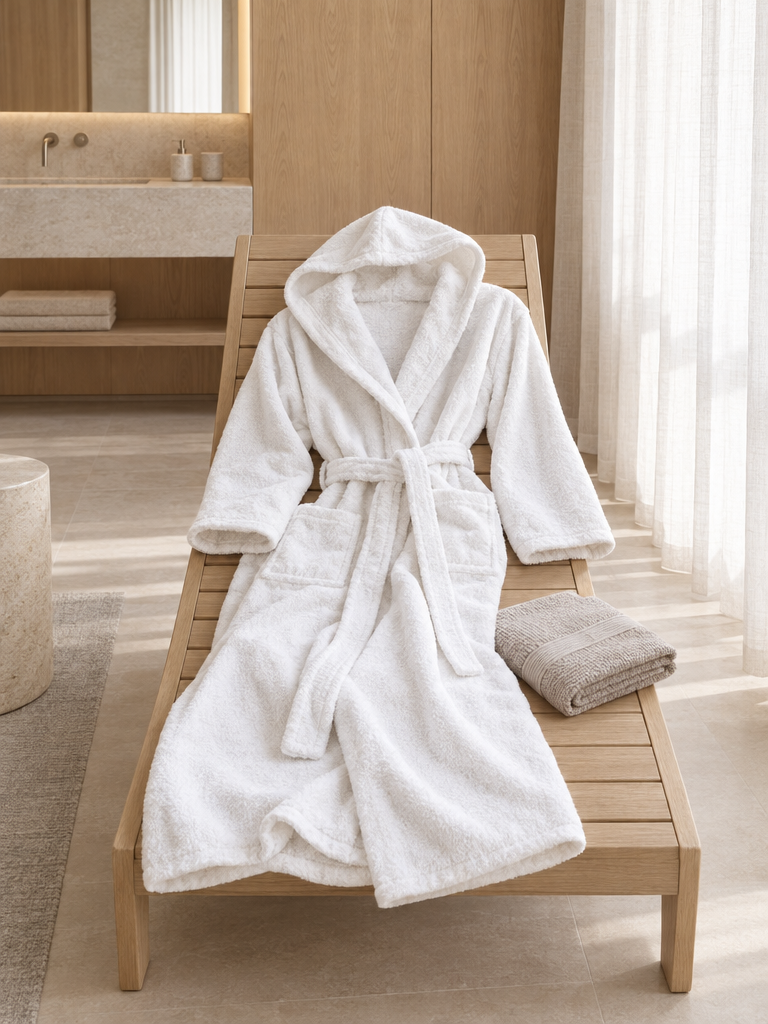 Sauna Bademantel Damen in Weiß über einer Holzliege im hellen Ruhebereich