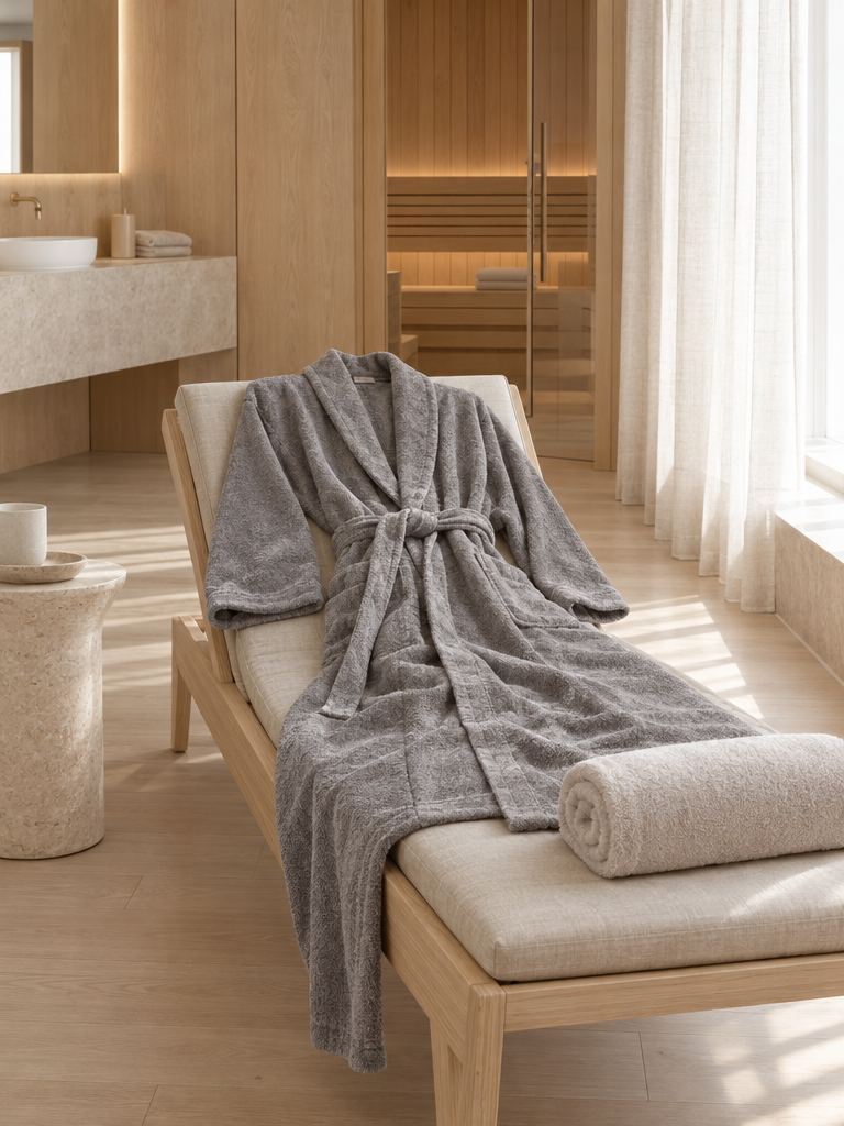 Sauna-Bademantel für Männer in Grau über einer hellen Holzliege im Ruhebereich