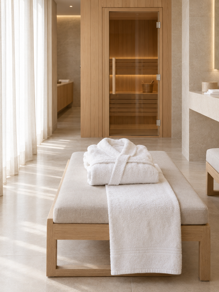 Sauna Bademantel Herren weiß auf einer Holzbank im hellen Wellnessbereich