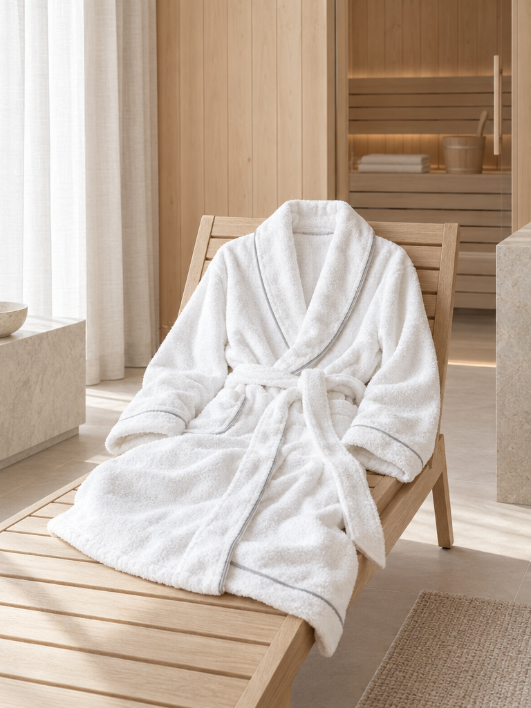 Bademantel auf einer Holzliege im hellen Ruhebereich einer Sauna