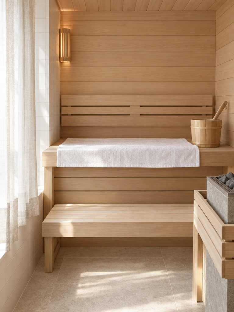 Handtuch als Unterlage auf der oberen Bank einer Sauna