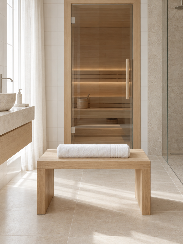 Saunatuch in 80 x 200 cm gefaltet auf einer Holzbank vor der Sauna