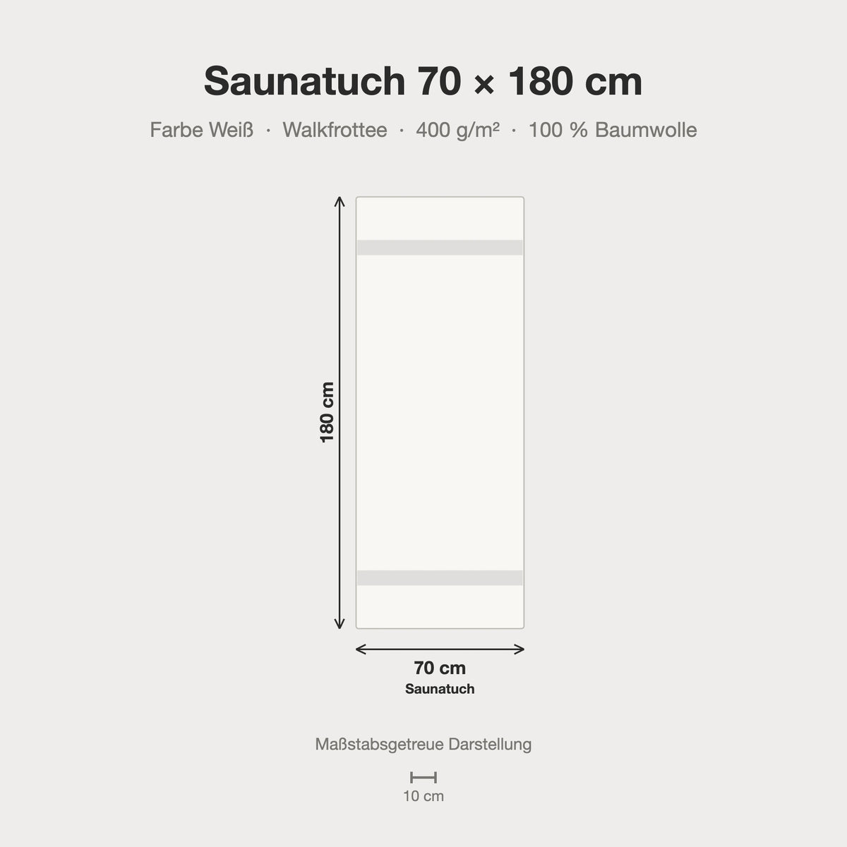 Maßstabsgetreue Größen-Infografik: Saunatuch 70 x 180 cm in weiß