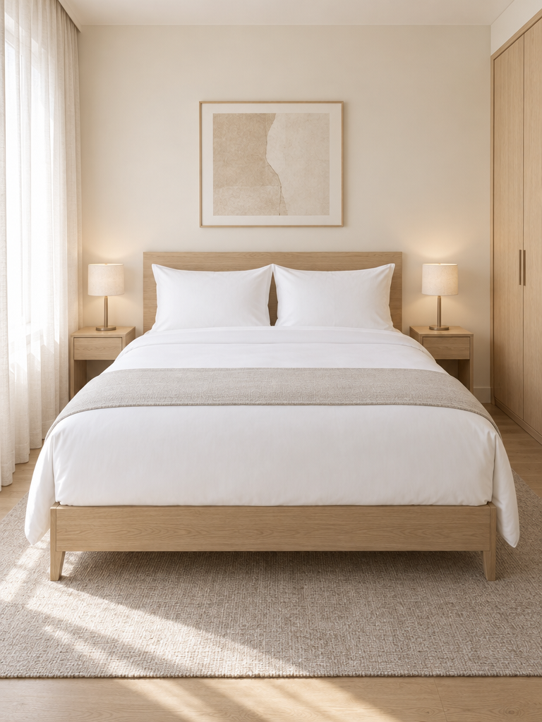 Schöne Bettwäsche in einem gemachten Bett einer hellen Ferienwohnung