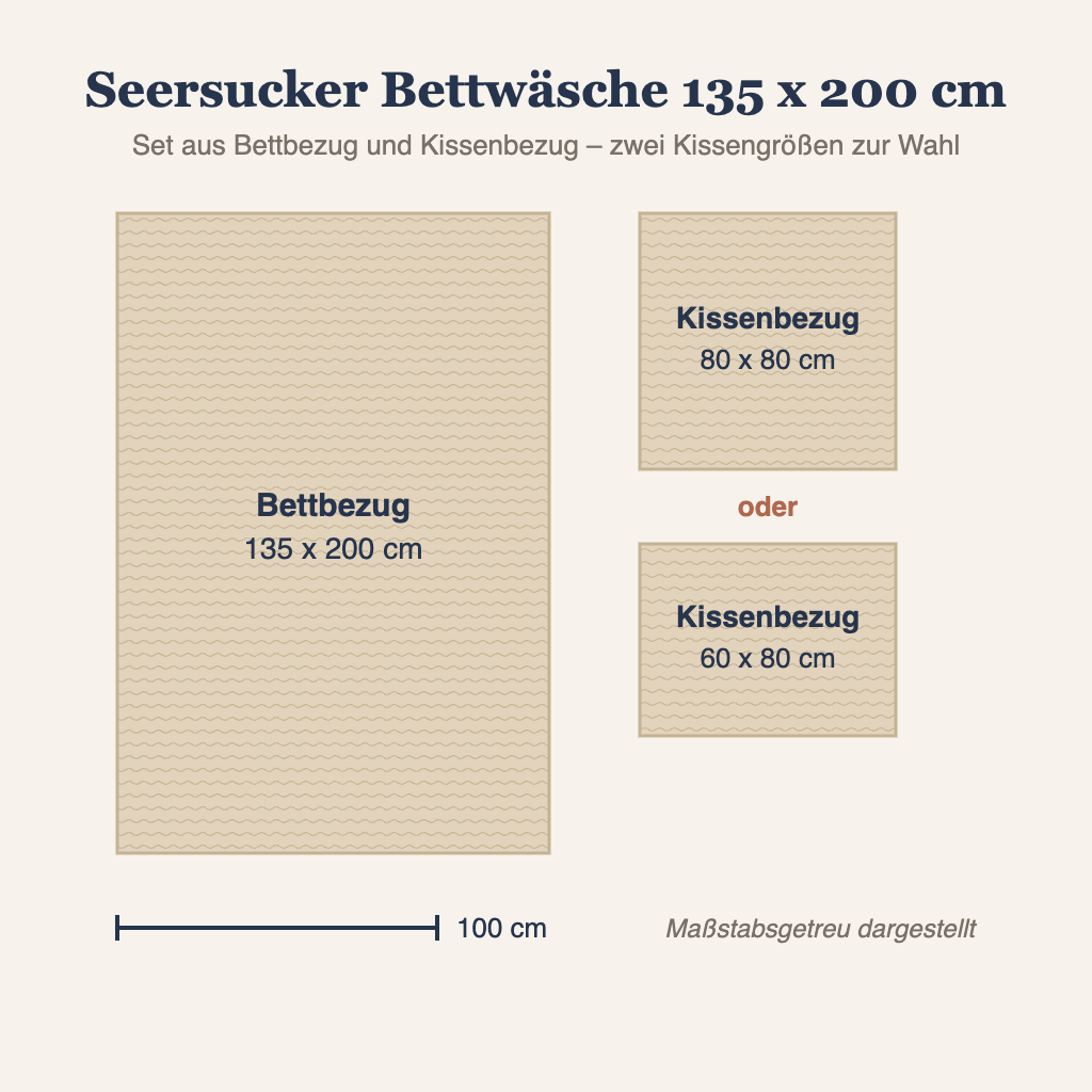 Grafik: Seersucker Bettwäsche 135x200 mit Kissenbezug 80x80 oder 60x80, maßstabsgetreu