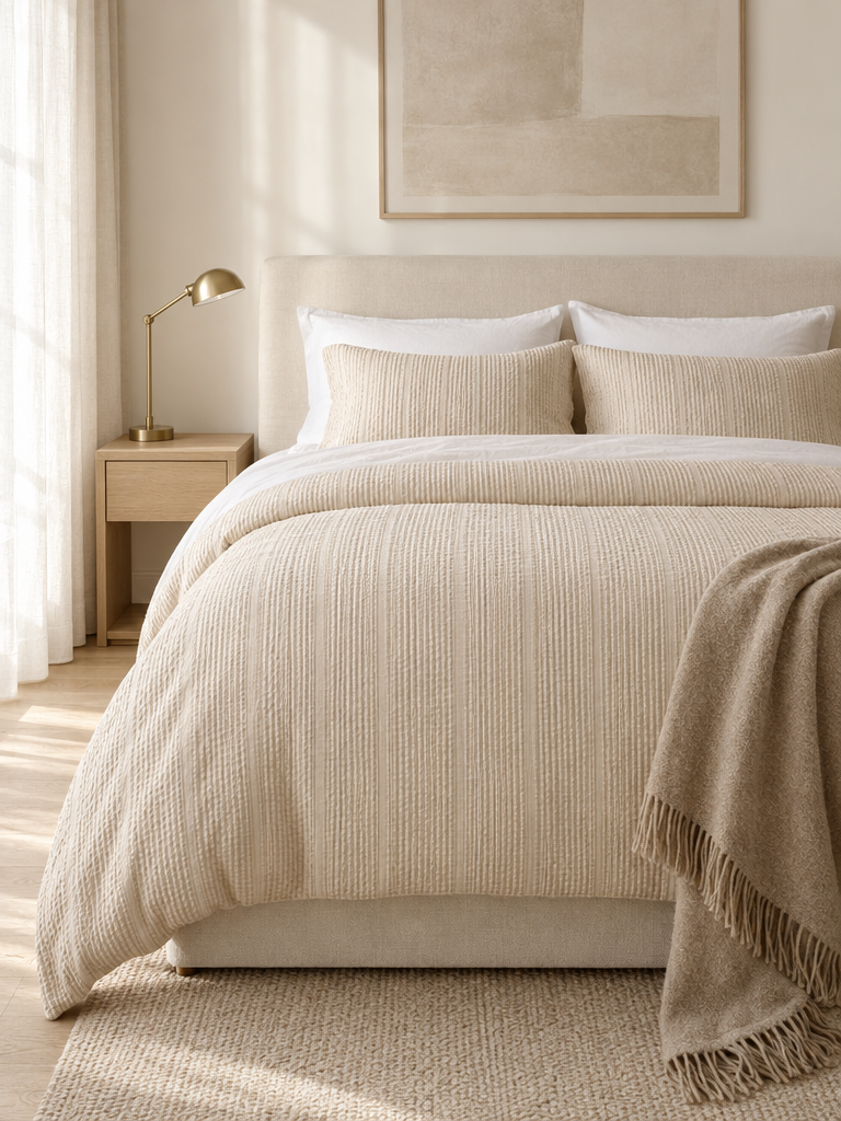 Seersucker Bettwäsche beige in Champagner mit Wollplaid in Sand
