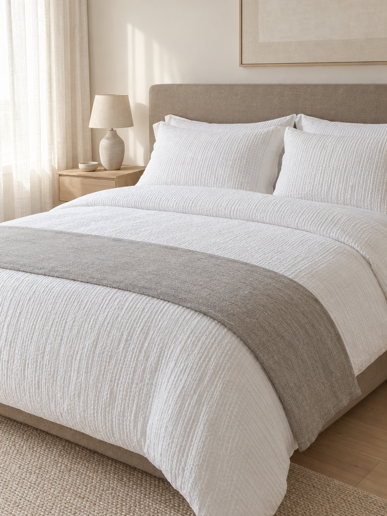 Seersucker Bettwäsche bügelfrei: gemachtes Bett mit grauem Bettläufer