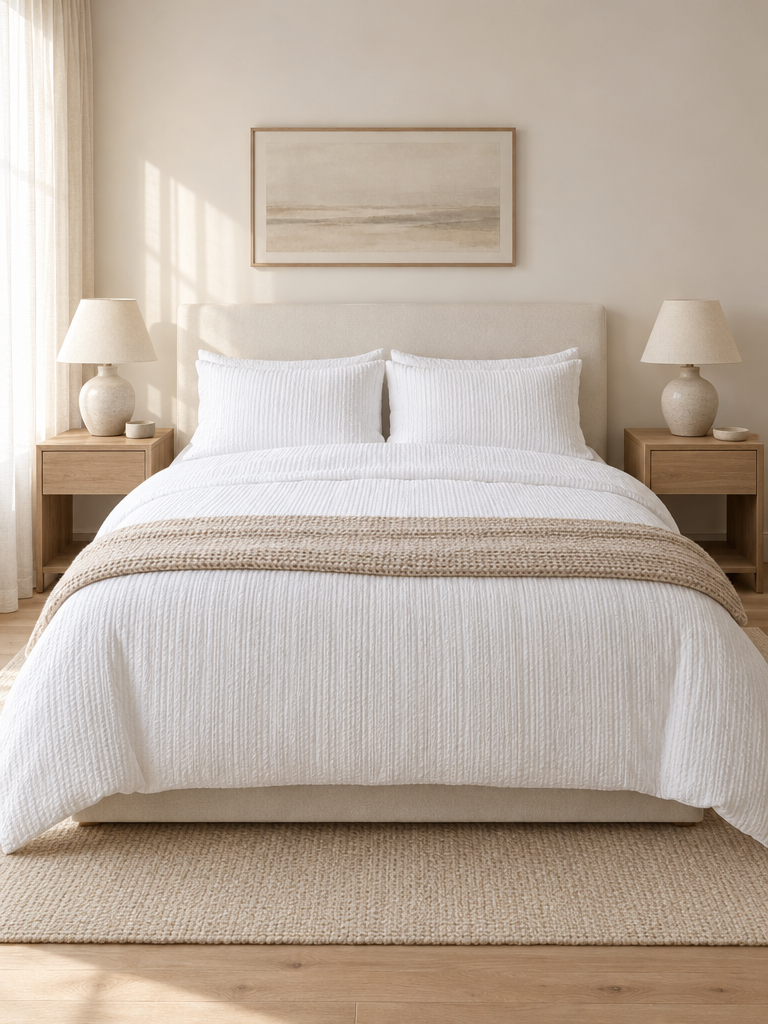 Seersucker Bettwäsche in Weiß auf einem hellen Bett im Schlafzimmer