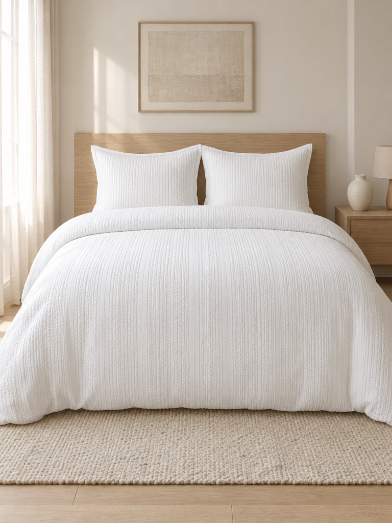 Seersucker Bettwäsche weiß auf einem Bett mit Kopfteil aus heller Eiche