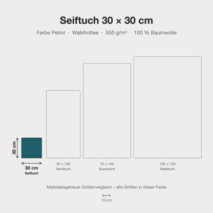 Maßstabsgetreue Größen-Infografik: Seiftuch 30 x 30 cm in türkis petrol
