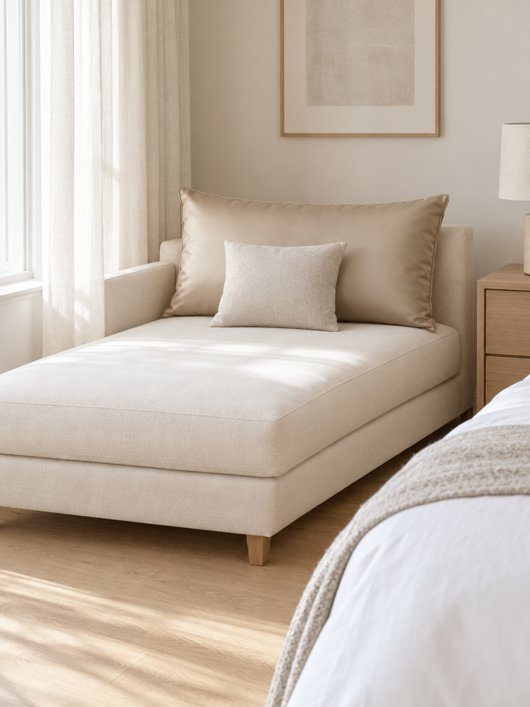 Sofa Kissenbezug 80 x 60 als Rückenkissen auf einem hellen Tagesbett