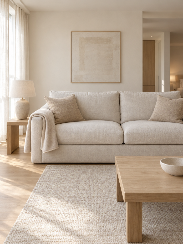 Sofadecke in Beige auf einem hellen Sofa im lichtdurchfluteten Wohnzimmer
