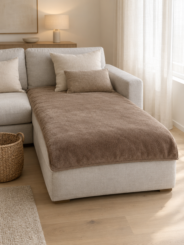 Strapazierfähige Sofadecke in Braun ausgebreitet auf der Liegefläche eines Sofas