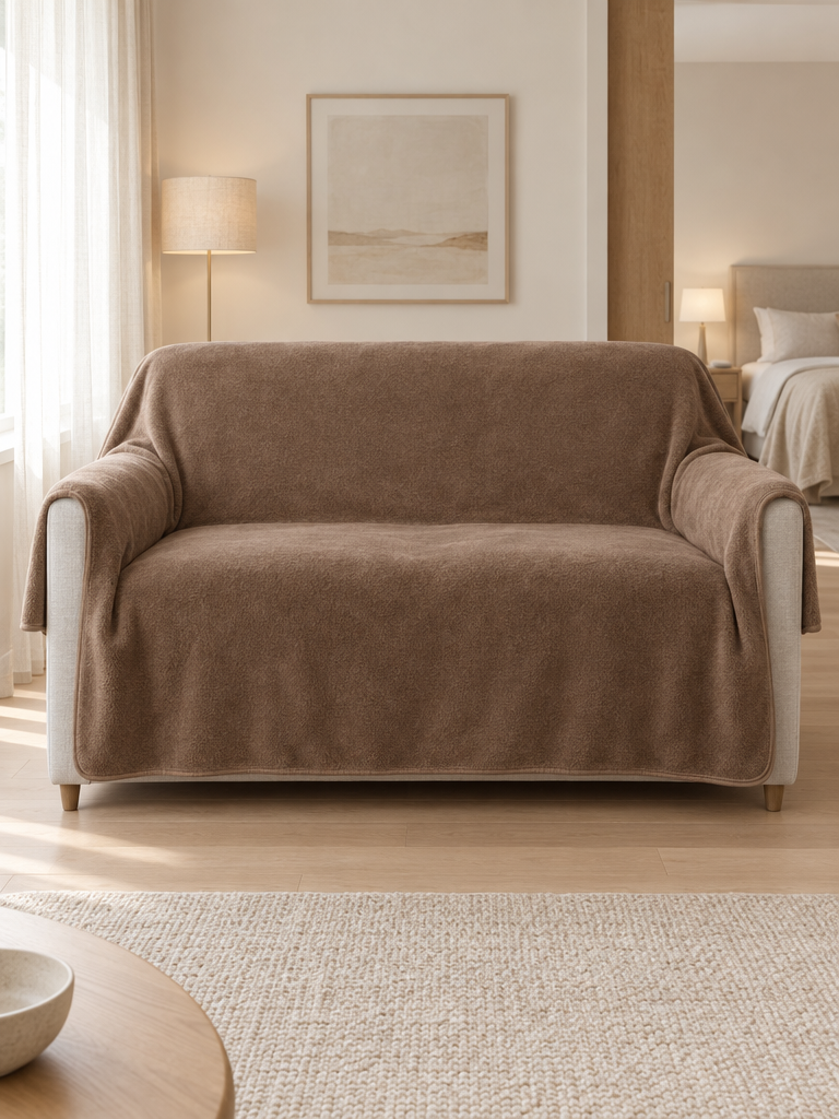 Sofaüberwurf aus weicher Decke glatt über Sitzfläche und Rückenlehne gelegt