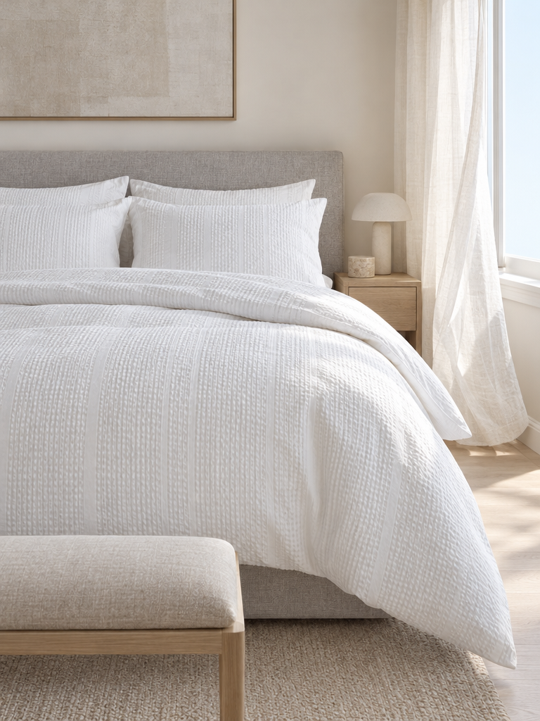 Sommer Seersucker Bettwäsche in einem hellen Schlafzimmer im Morgenlicht