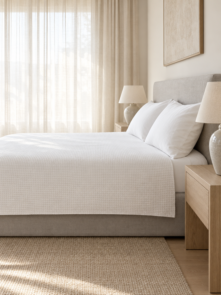 Sommerdecke 200x200 mit Wabensteppung im luftigen Schlafzimmer