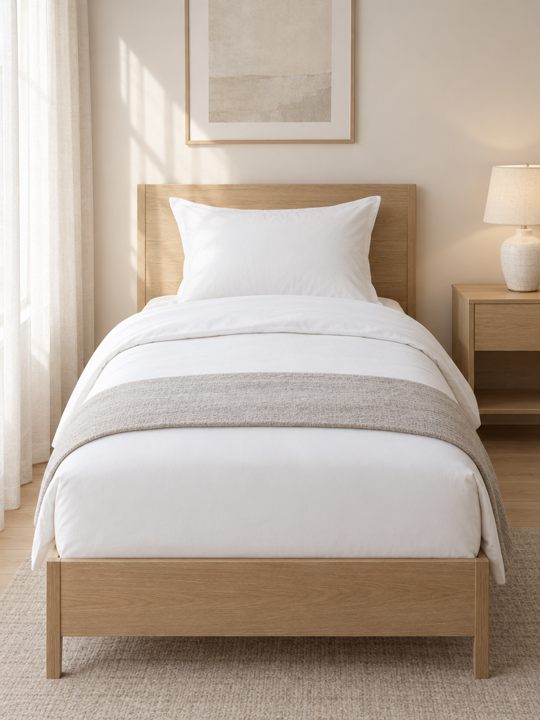 Spannbettlaken 100x200 in Weiß auf einem breiten Einzelbett