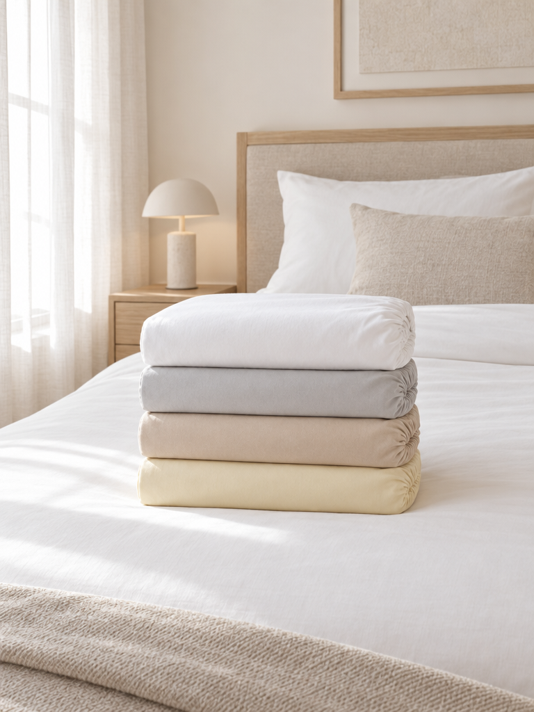 Spannbettlaken 100x200 in Weiß, Grau, Beige und Gelb gefaltet