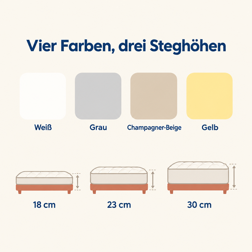 Grafik: Spannbettlaken 120 x 200 in vier Farben und drei Steghöhen