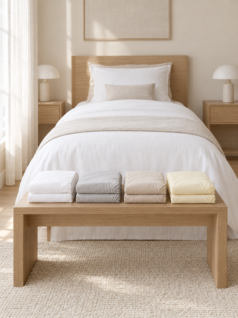 Gefaltete Spannbettlaken 120x200 aus Baumwolle in vier Farben auf einer Bettbank