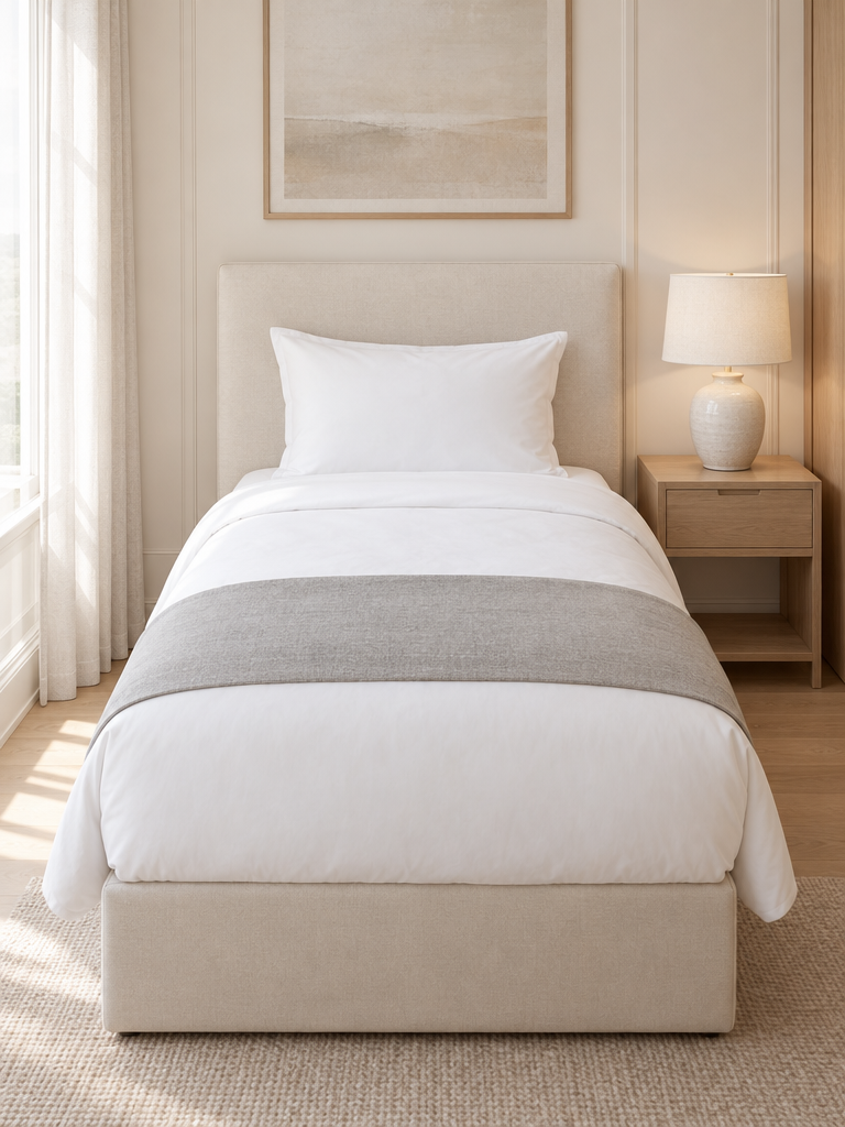 Spannbettlaken 120x200 in guter Qualität auf einem Bett im Hotelstil