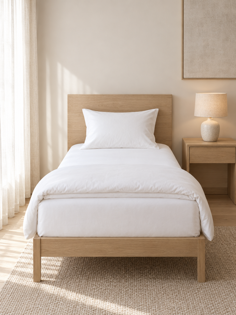 Weißes Spannbettlaken 120x200 auf einem Komfortbett für eine Person mit Kopfteil aus Eiche