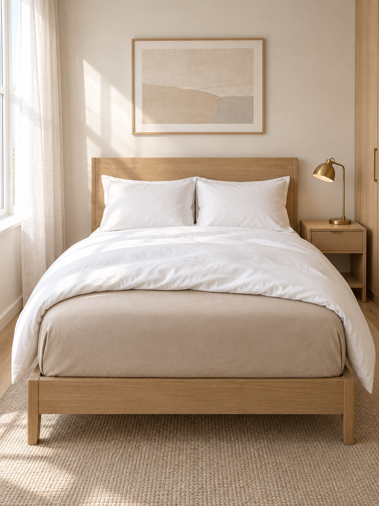 Spannbettlaken 140x200 in Beige auf einem französischen Bett im kleinen Schlafzimmer