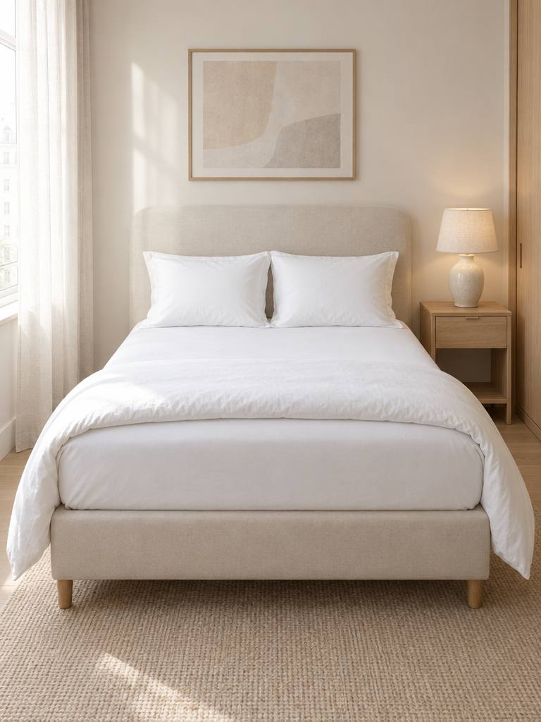 Spannbettlaken 140x200 in Weiß auf einem französischen Bett mit Polsterkopfteil in Creme