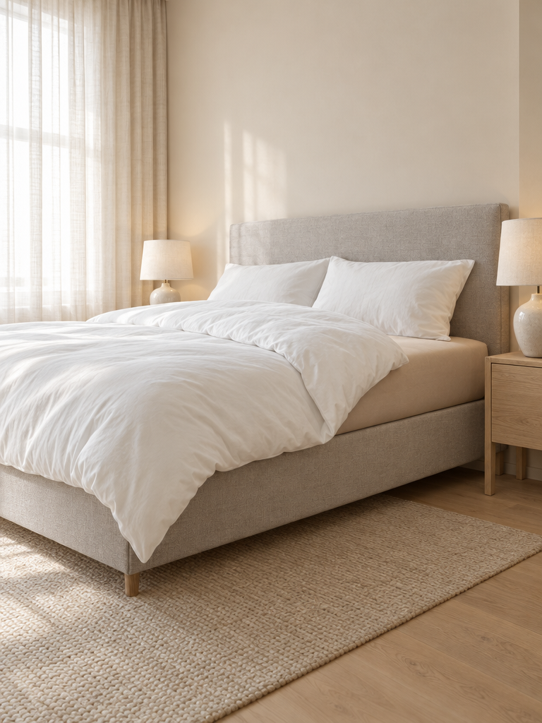 Spannbettlaken 160x200 Boxspringbett in Champagner-Beige mit weißer Bettdecke
