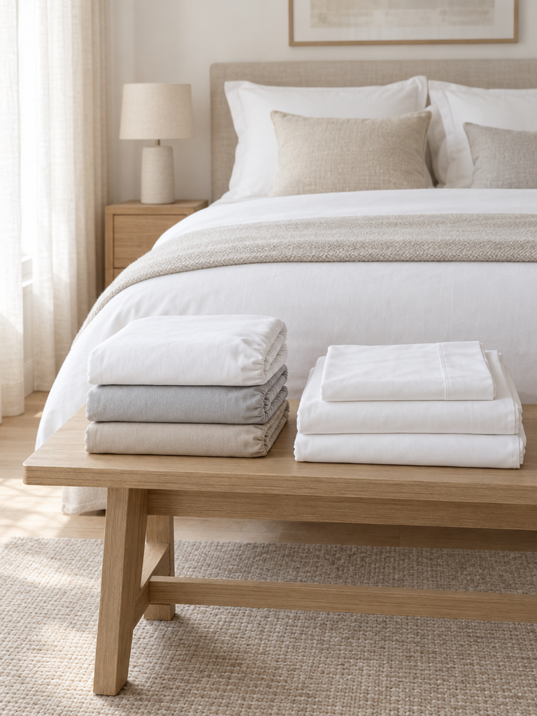 Spannbettlaken 160x200 in Weiß, Grau und Beige gefaltet