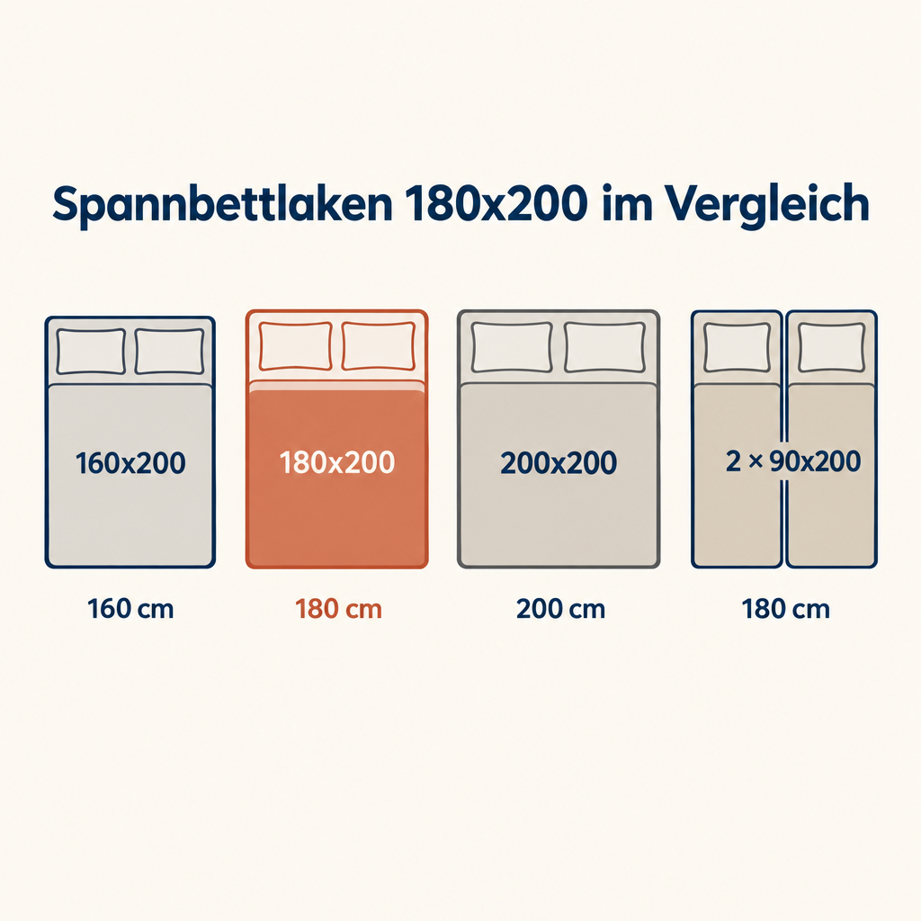Grafik: Spannbettlaken 180 x 200 im Vergleich mit 160x200, 200x200 und zwei 90x200-Matratzen