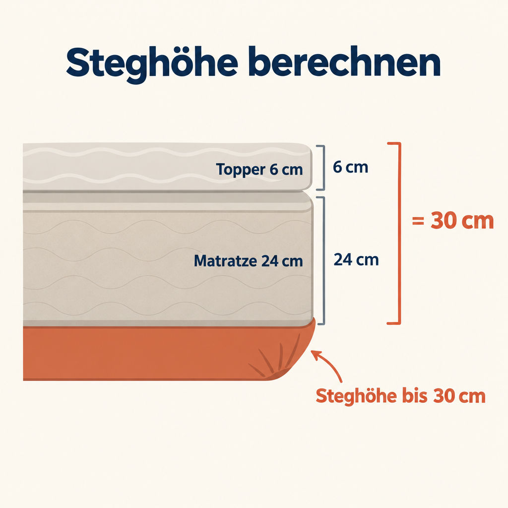 Grafik: Matratze und Topper messen für ein Spannbettlaken 180x200 mit Steghöhe 30 cm