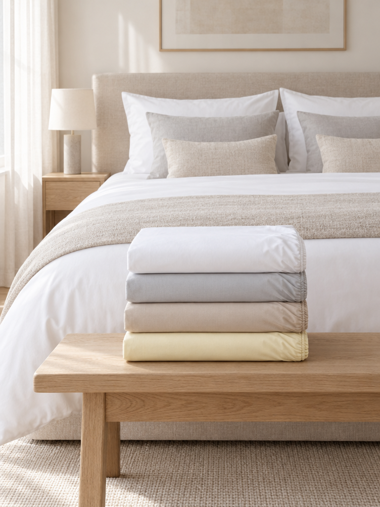 Spannbettlaken 200x200 in Beige und Grau gefaltet