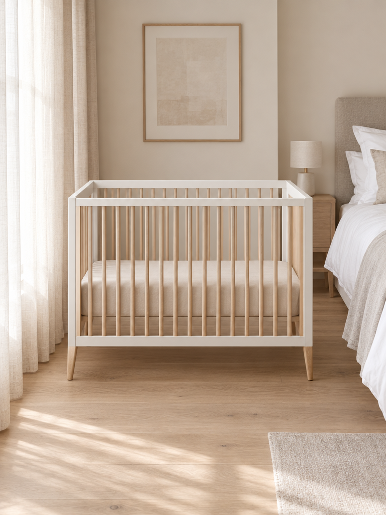 Baby Spannbettlaken 60x120 in Champagner-Beige auf einem kleinen Babybett