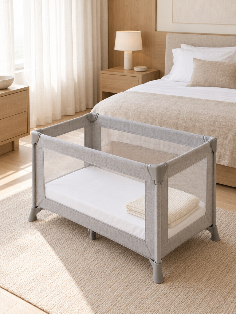 Spannbettlaken 60x120 Baby-Reisebett mit weißem Jersey im hellen Schlafzimmer