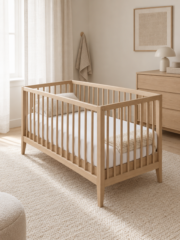 Weißes Spannbettlaken 70x140 Baby- und Kinderbettgröße auf einem Kinderbett aus Eichenholz