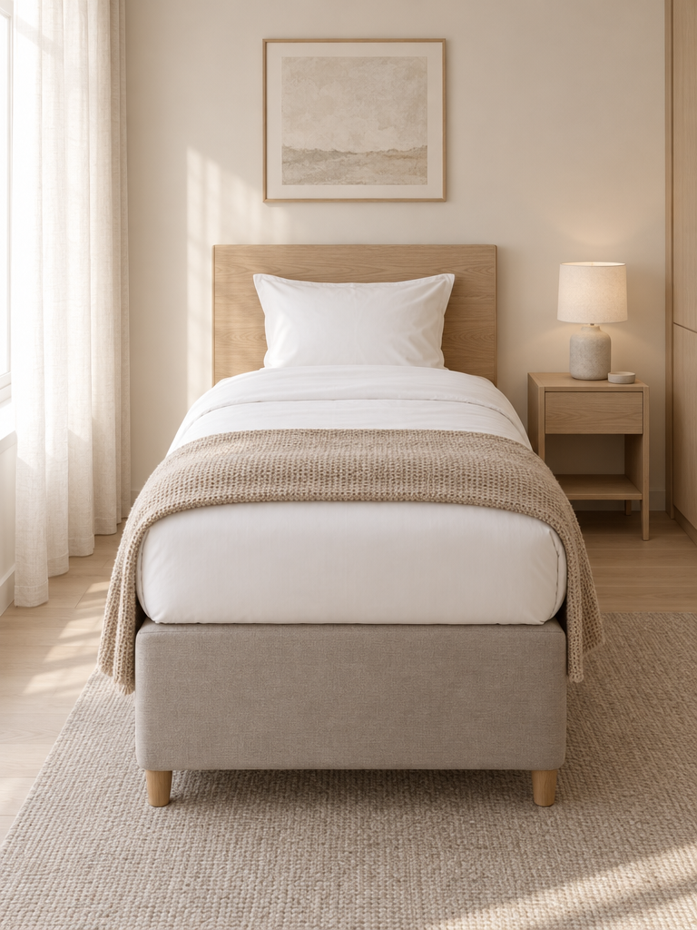 Weißes Spannbettlaken 90x200 Boxspringbett auf einem Einzelbett im Gästezimmer