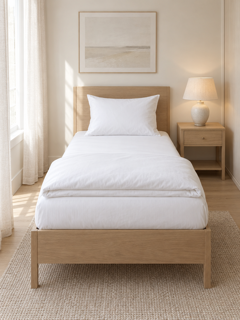 Weißes Spannbettlaken 90x200 auf einem Einzelbett mit Kopfteil aus heller Eiche