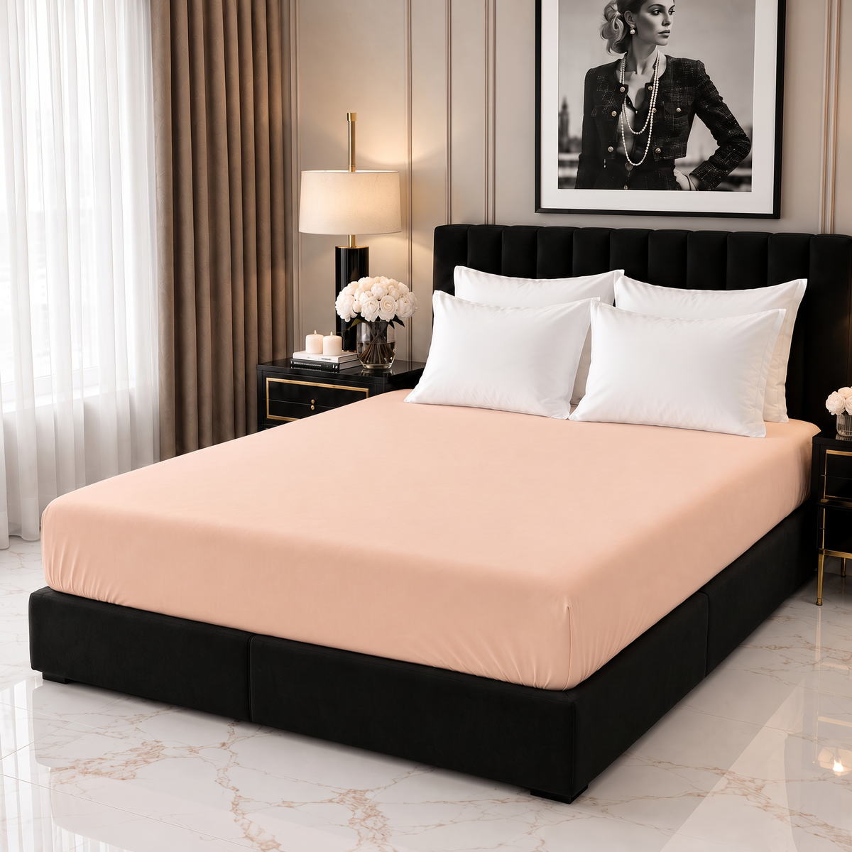 Mako-Jersey Spannbettlaken apricot mit 18 cm Steghöhe auf Standardmatratze im Schlafzimmer