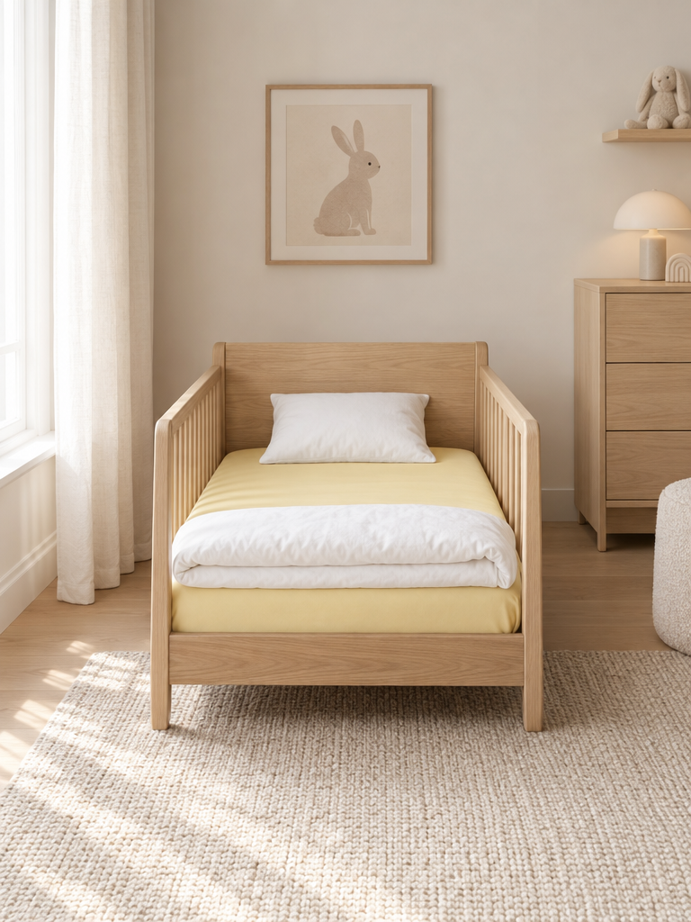 Gelbes Spannbettlaken Baby und Kind im umgebauten Kinderbett ohne Gitter