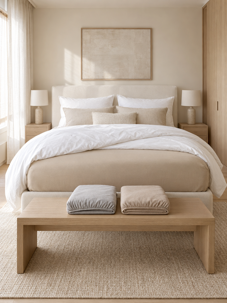 Spannbettlaken in Beige auf dem Doppelbett, daneben gefaltete Laken in Grau