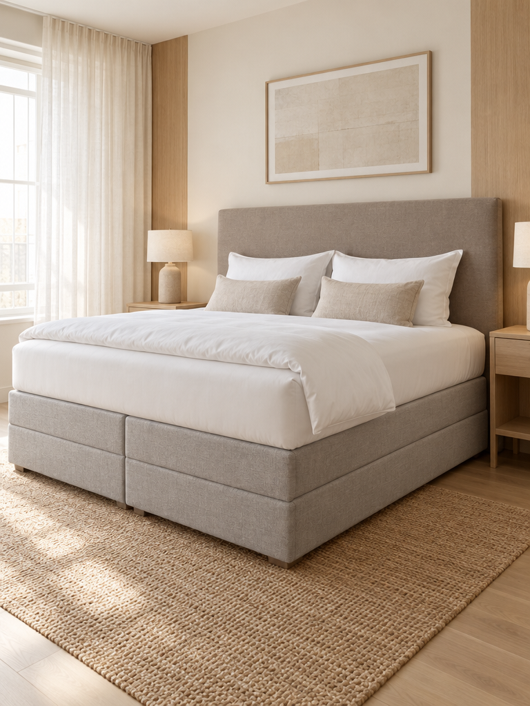 Spannbettlaken Boxspringbett 180x200: weißes Laken auf hoher Matratze mit grauer Unterbox