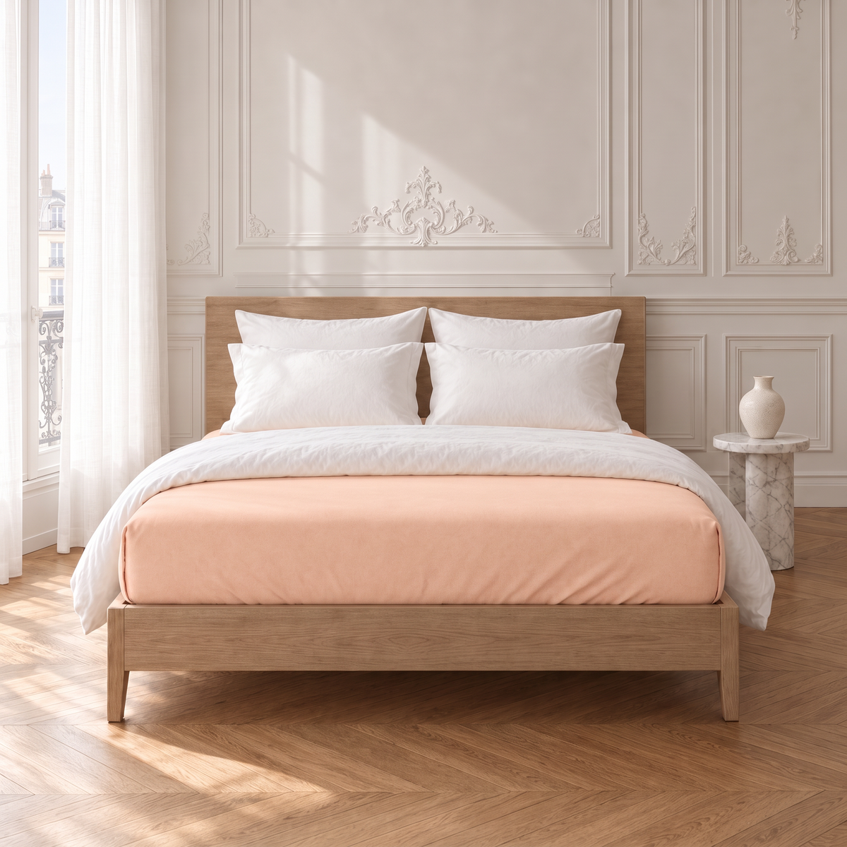 Bügelfreies Spannbettlaken apricot mit 18 cm Steghöhe auf Standardmatratze im Schlafzimmer